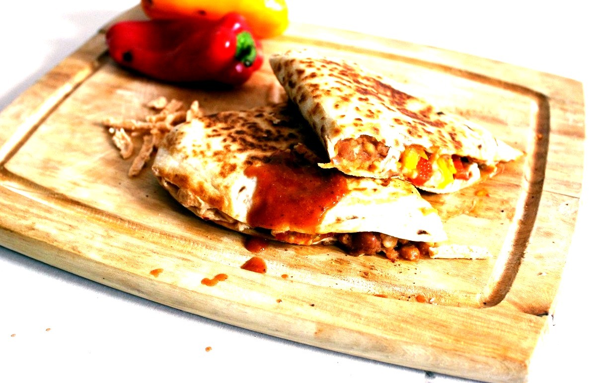 vegan quesadilla with pinto beans and pepper jack cheese