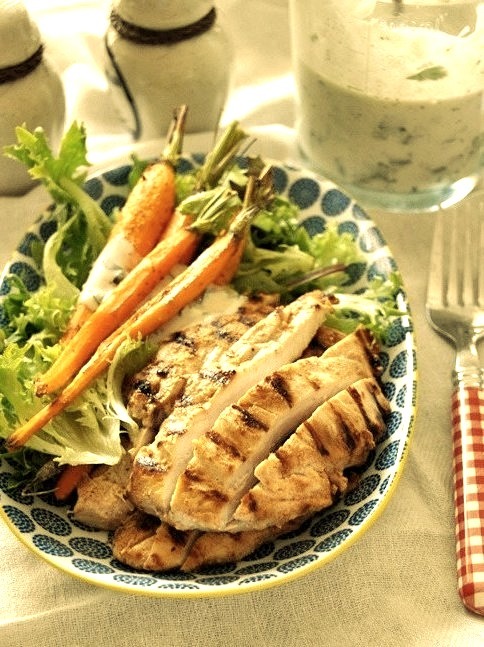 Grilled Garlic & Buttermilk Chicken Salad with Buttermilk-Tahini Dressing via Fuss Free Cooking