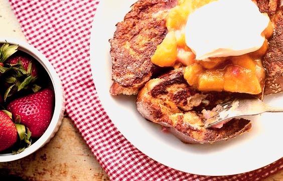 French Toast with Rhubarb-Mango Compote and Creme Fraiche