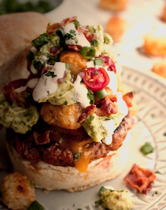 Loaded Burgers with Tater Tots, Bacon, and Guacamole