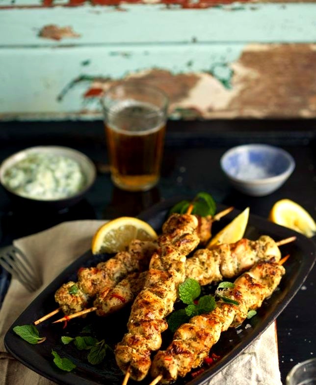 Grilled chicken kebabs with lemon, chili and mint and homemade tzatziki