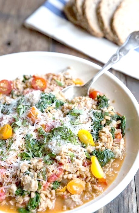 Magic in a pan.One-Pan Farro with Tomatoes, Sausage and Kale on The Vintage Mixer