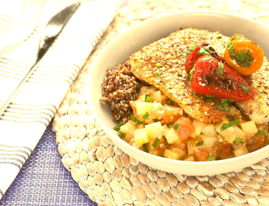 Dukkah-Dusted Tilapia with Eggplant Sofrito and Blistered Peppers