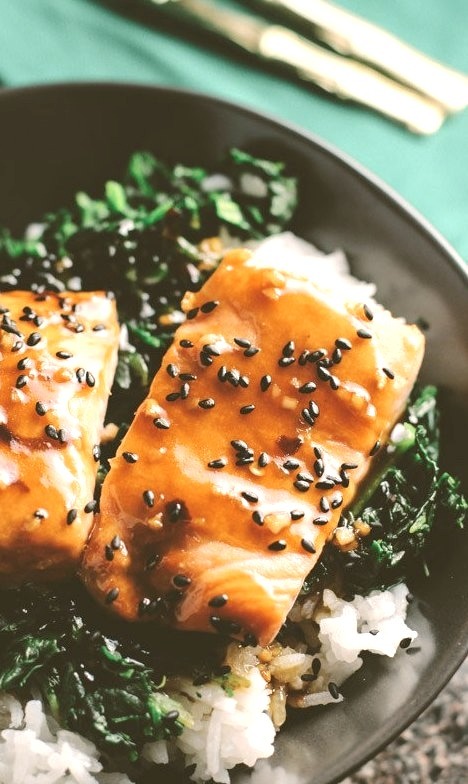 Asian Salmon Spinach Rice Bowls